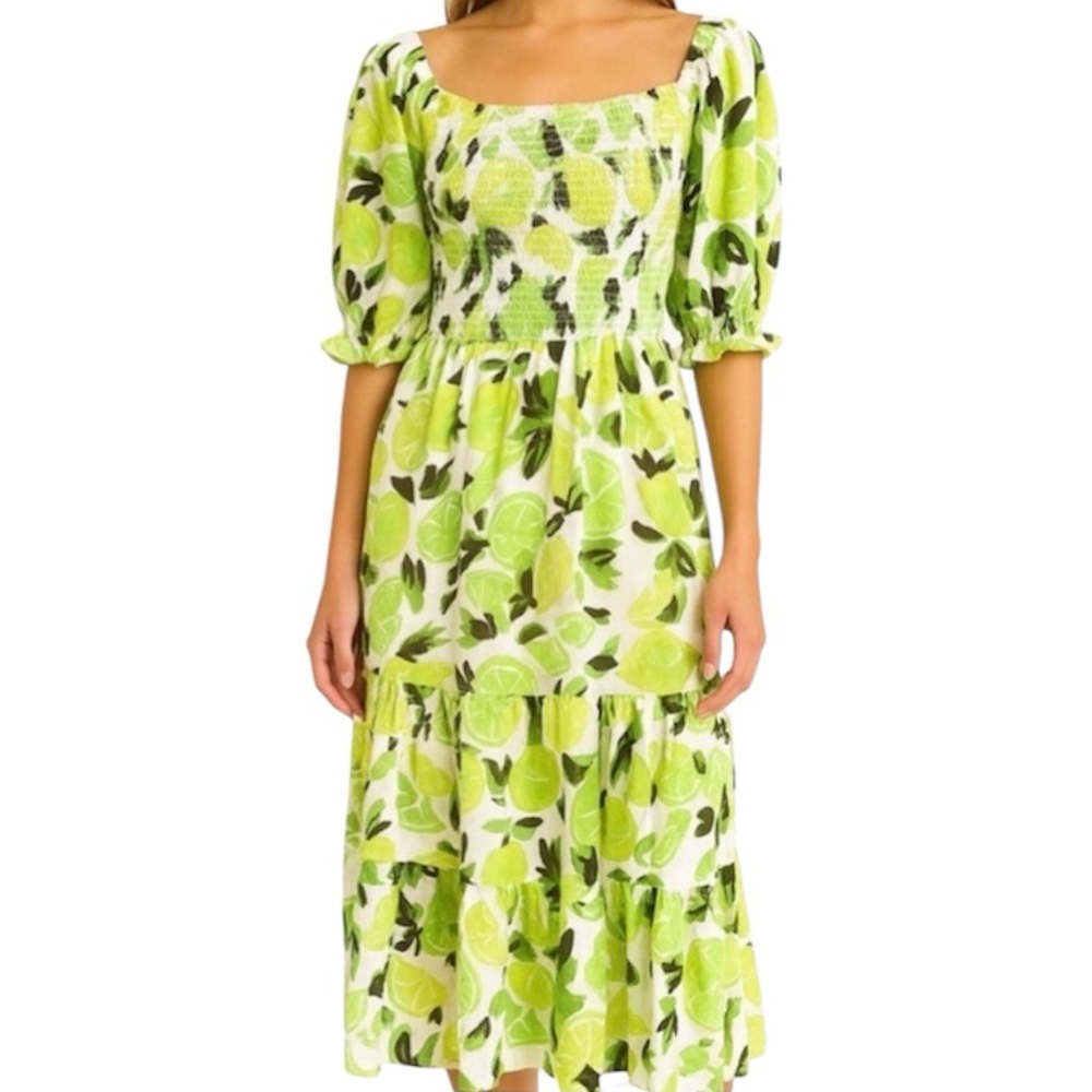 Steve Madden Midi Dress Square Neck Tiered Ruffle Sunny Lime Challis Size Small